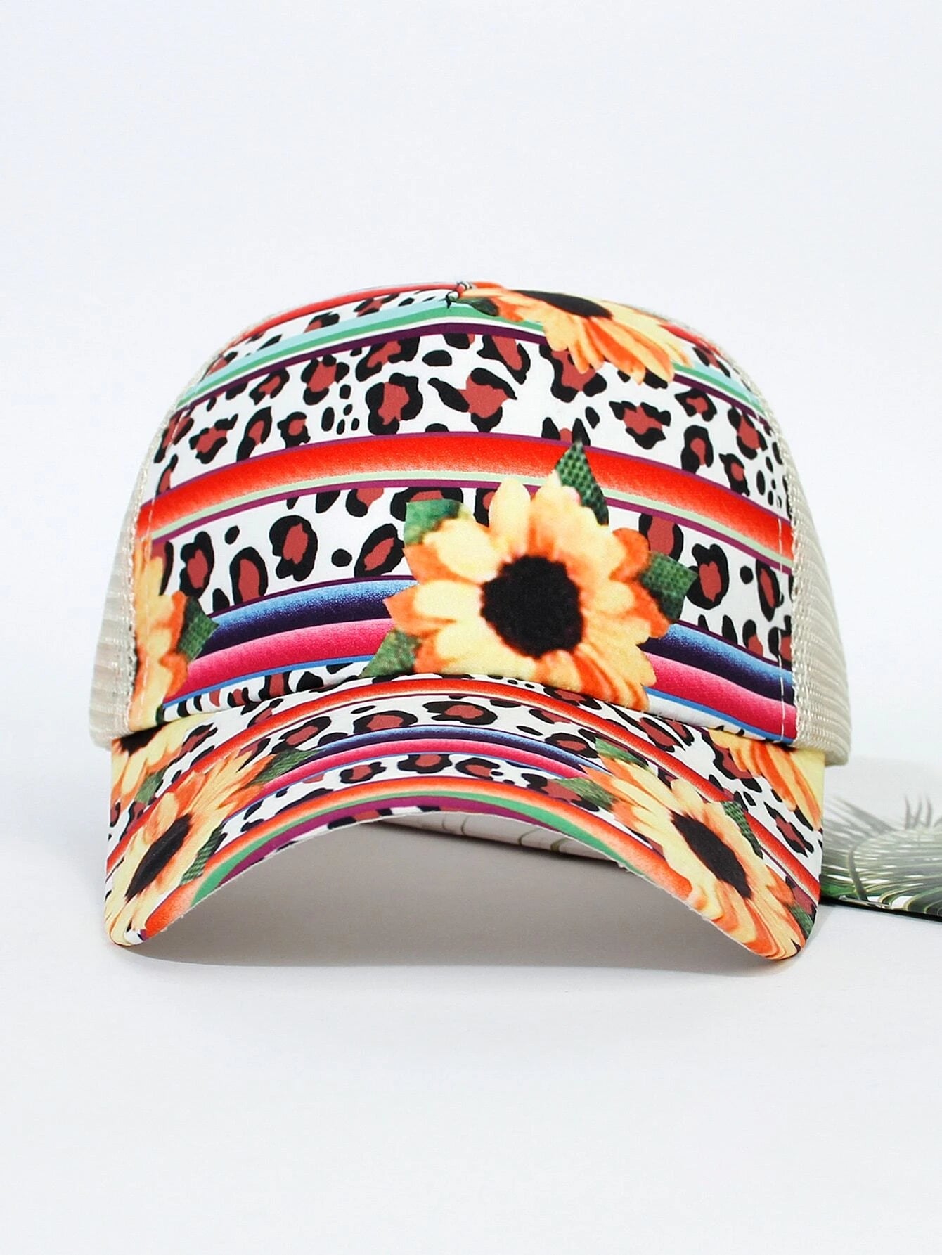 Sunflower & Leopard Print Hat w/ Ponytail Opening
