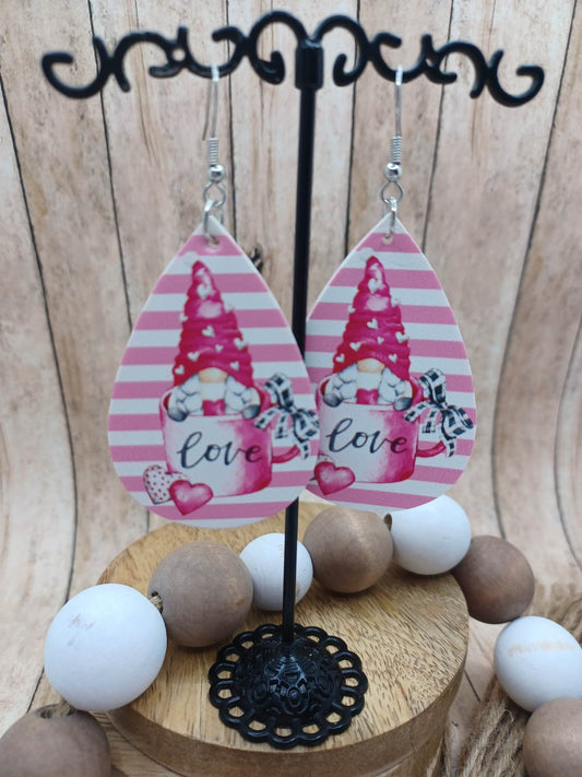 Pink Striped Gnome Sitting in a Love Mug Earrings