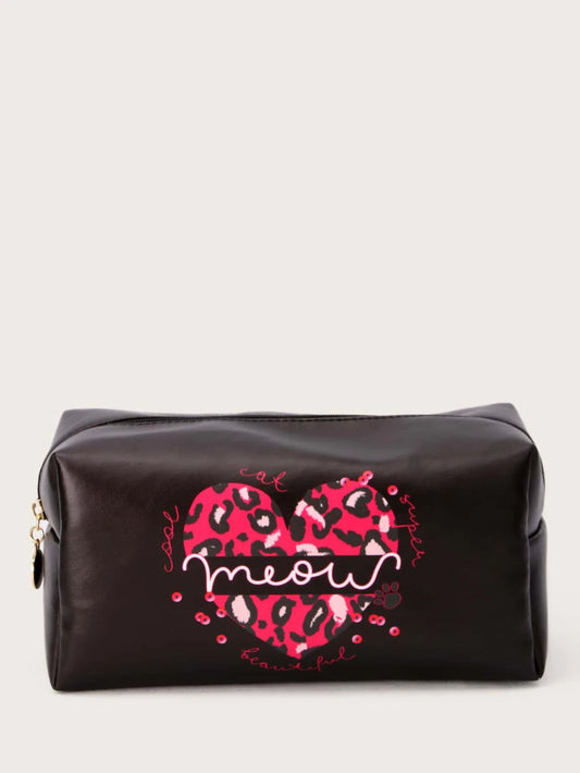 Pink Leopard "Meow" Heart Leather Style Cosmetic Bag