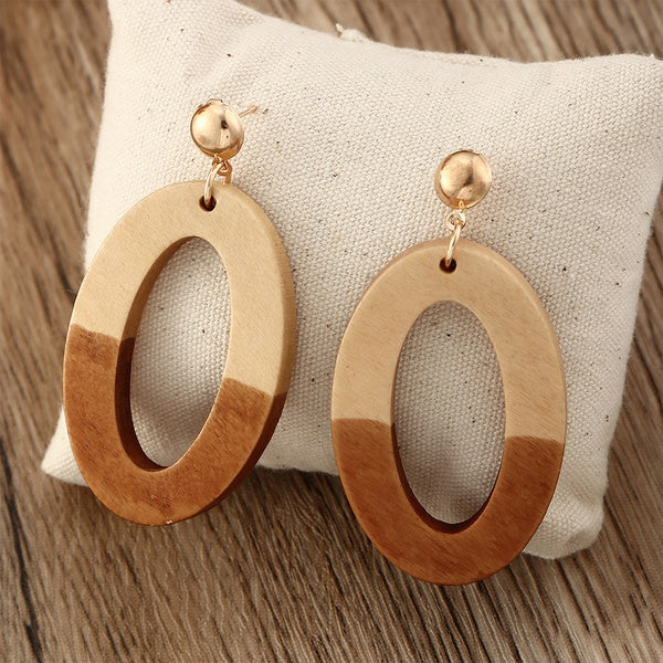Oval Color Blocked Wooden Earrings