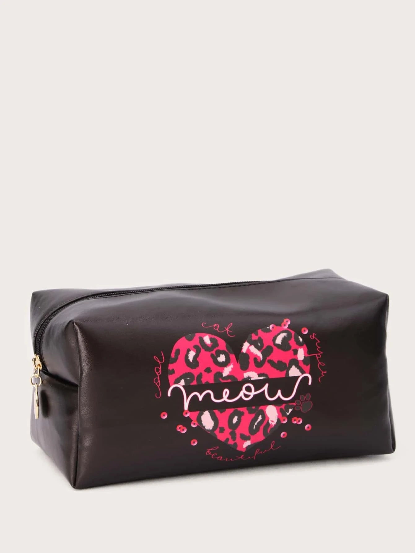 Pink Leopard "Meow" Heart Leather Style Cosmetic Bag