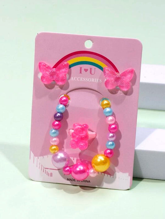 Pink Glitter Butterfly Bracelet, Earrings, & Ring Set