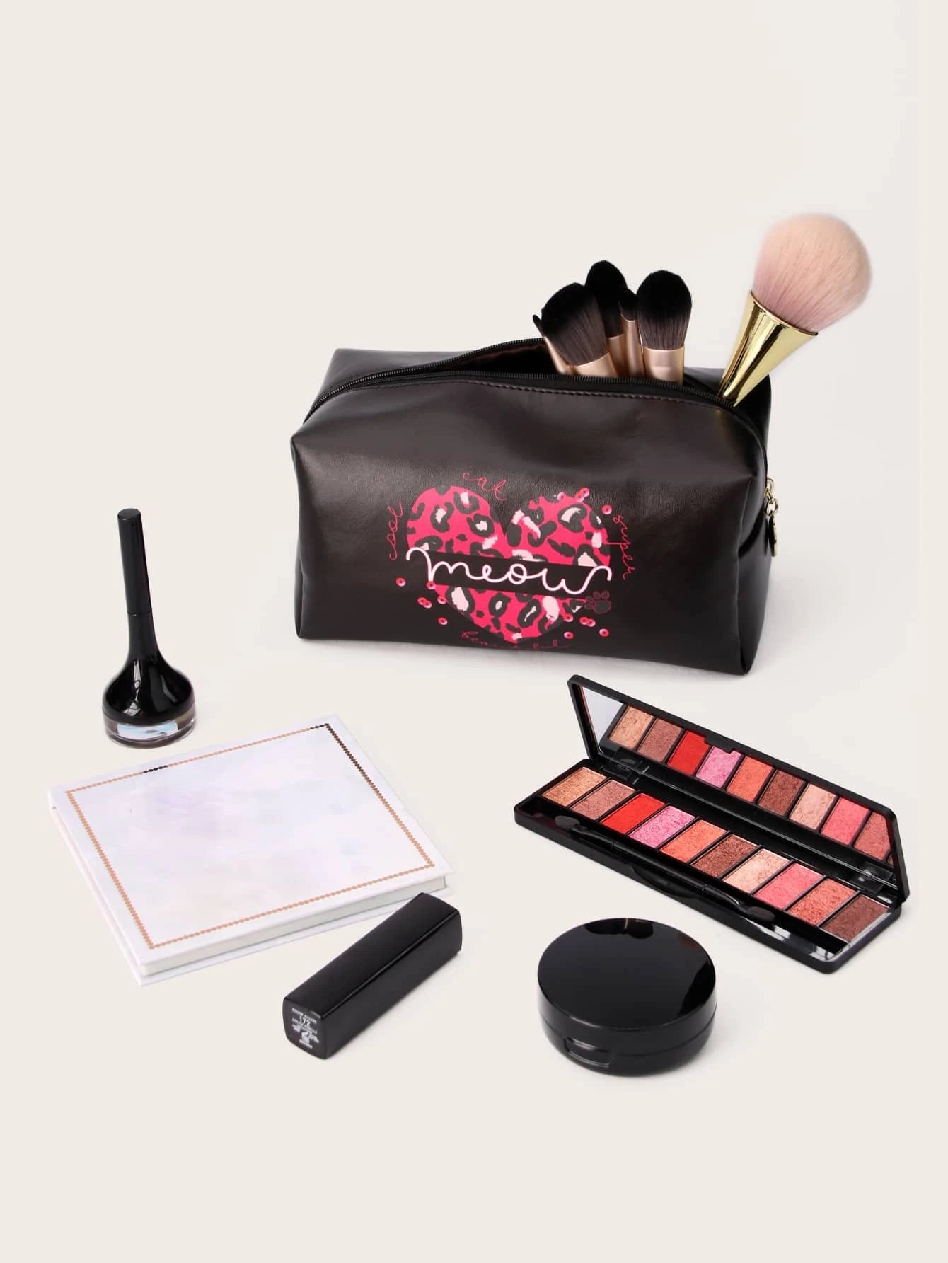Pink Leopard "Meow" Heart Leather Style Cosmetic Bag