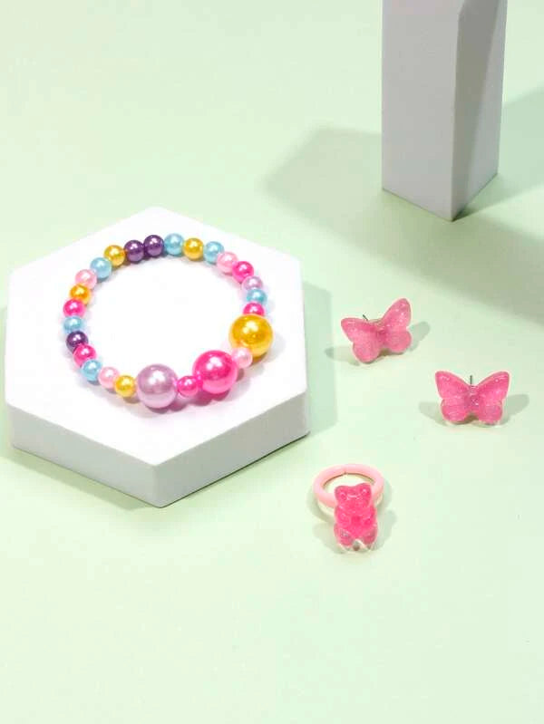 Pink Glitter Butterfly Bracelet, Earrings, & Ring Set