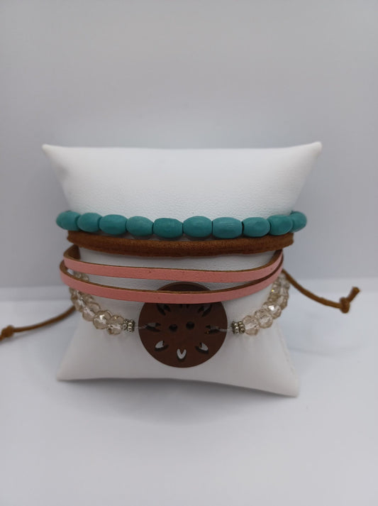 Brown Leather Style Urban Pull Bracelet w/ Wooden & Turquoise Beading