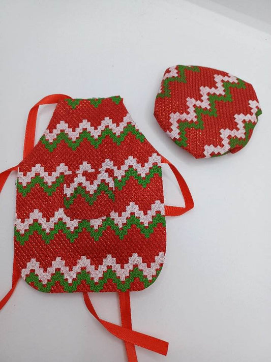 Red, Green, & White Zig Zag Detail Apron & Chef's Hat Set