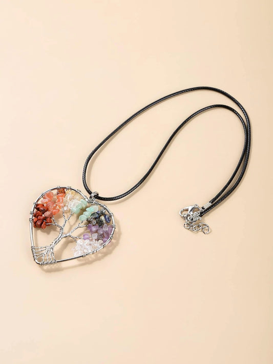 Tree of Life Heart Shaped Necklace w/ Rock Shaped Beading