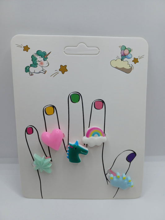 Ring Set - Star, Heart, Green Dino, Rainbow, & Blue Crown