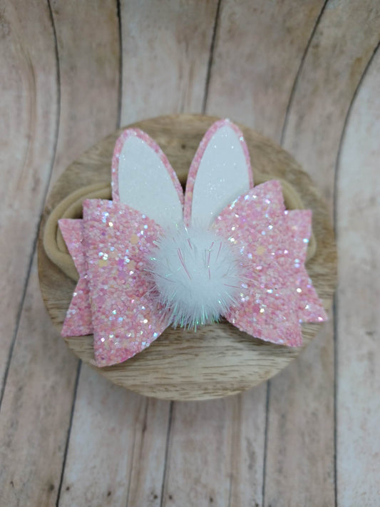 Pink w/ White Glitter Bunny Rabbit Baby Headband