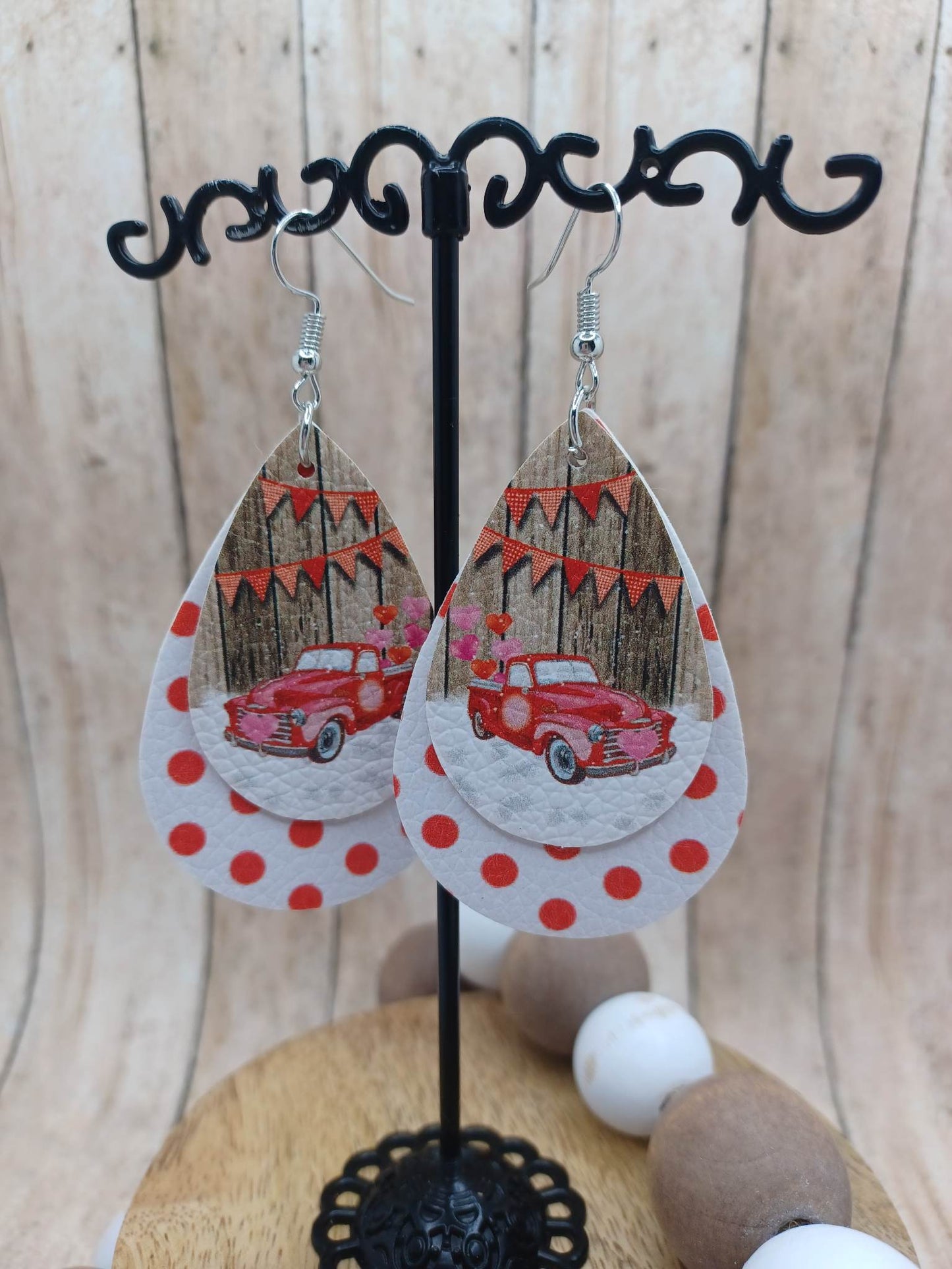 Red Truck Earrings w/ Hearts & Polka Dots