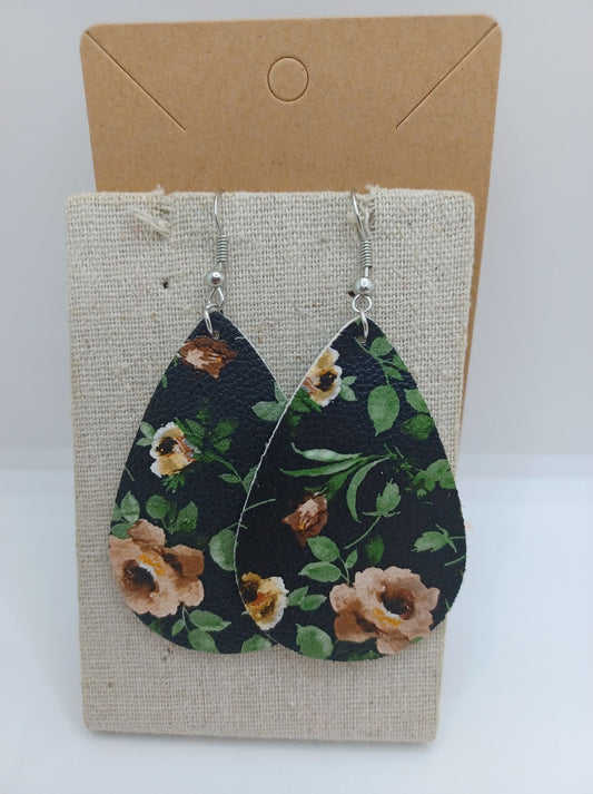 Black w/ Peach Floral Print Earrings