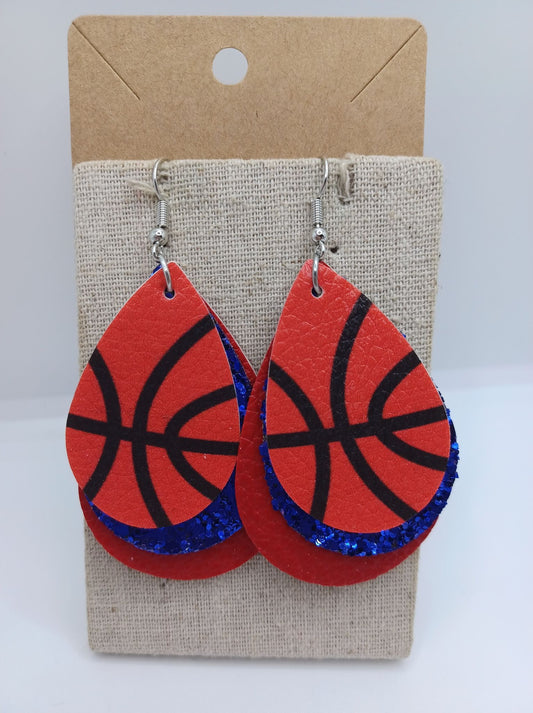 Triple Layered Basketball Earrings w/ Red & Blue Glitter