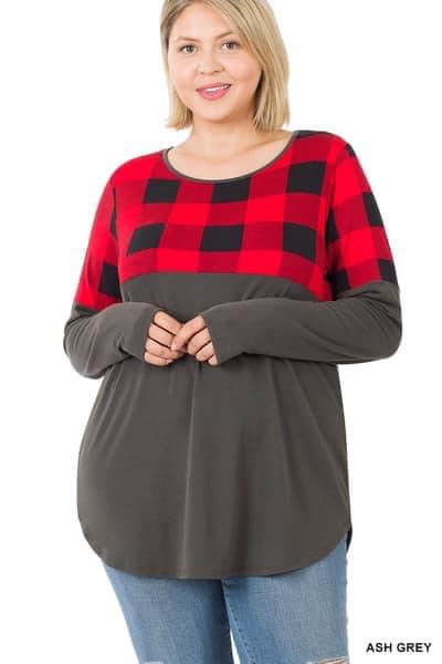 Zenana Buffalo Plaid & Ash Grey Long Sleeve Top
