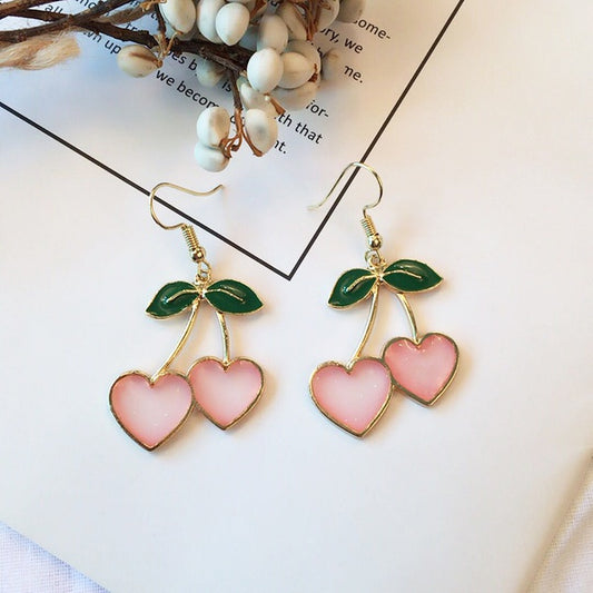 Pink Heart Shaped Cherry Earrings