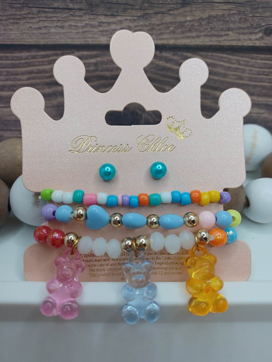 Earring & Bracelet Set w/ Pink, Blue, & Yellow Bears