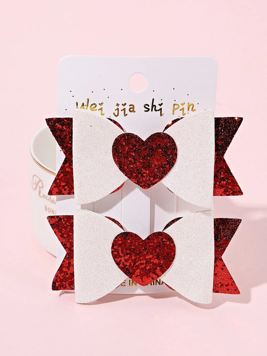 Red and White Heart Glitter Bow Set