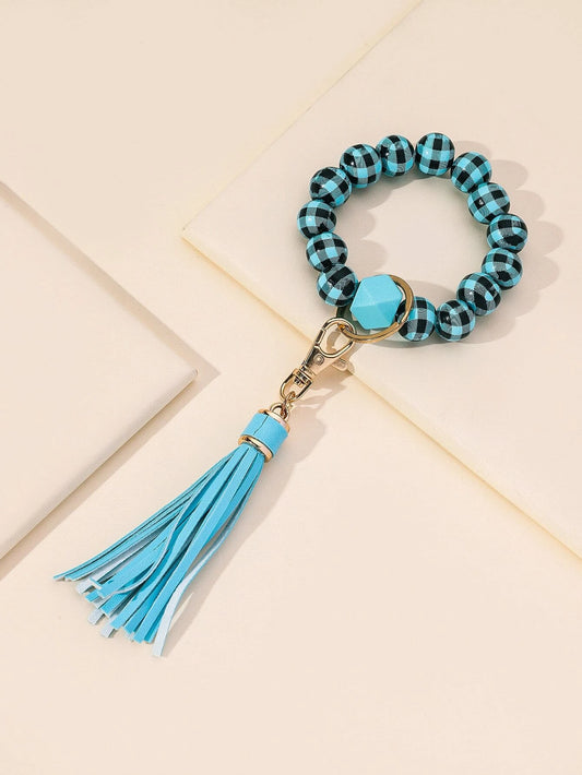 Blue Plaid Beaded Keychain w/ Lanyard Attachment