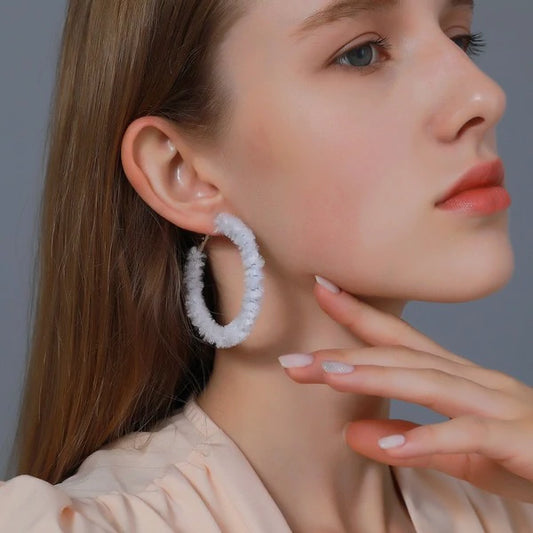 White Fuzzy Hoop Earrings
