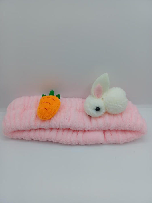 Pink Elastic Spa Headband w/ Bunny Rabbit & Carrot
