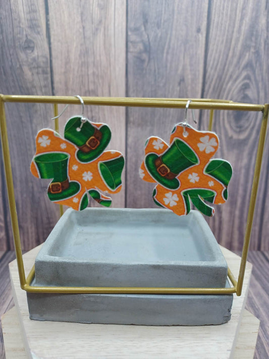 Orange Leather Style Shamrock Shaped Earrings w/ Leprechaun Hat
