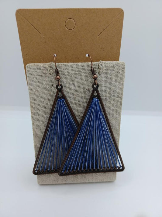 Brass Triangle Shaped Earrings w/ Blue Threaded Detail