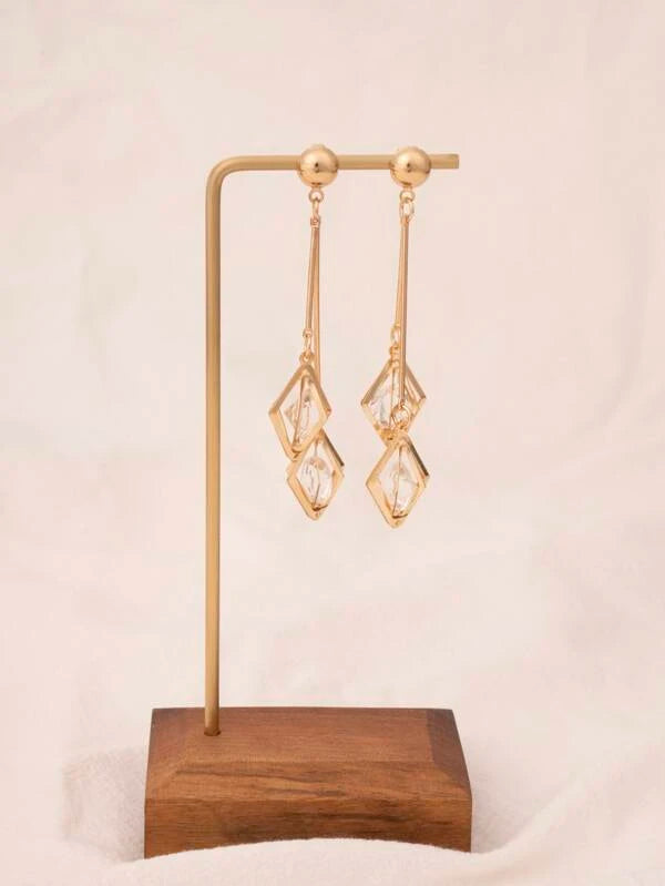 Diamond Shaped Gold Earrings w/ Rhinestones