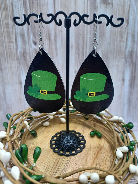 Black Leather Style Earrings w/ Leprechaun Hat