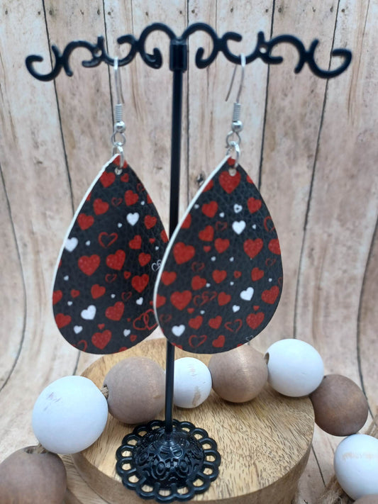 Black Leather Style Earrings w/ Red & White Hearts