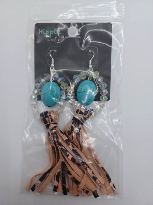 Turquoise Beaded w/ Leopard Tassel Earringss