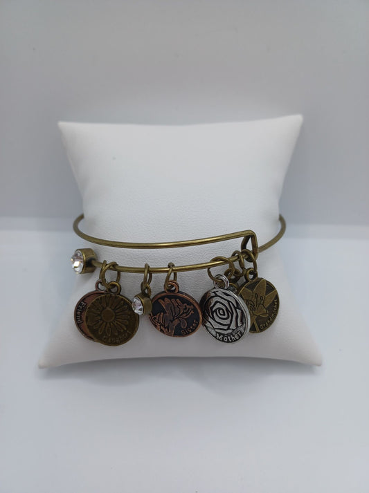 Brass Bangle Style Bracelet w/ Floral Charms