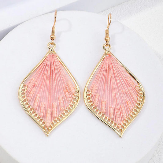 Pink Teardrop Threaded and Beaded Earrings