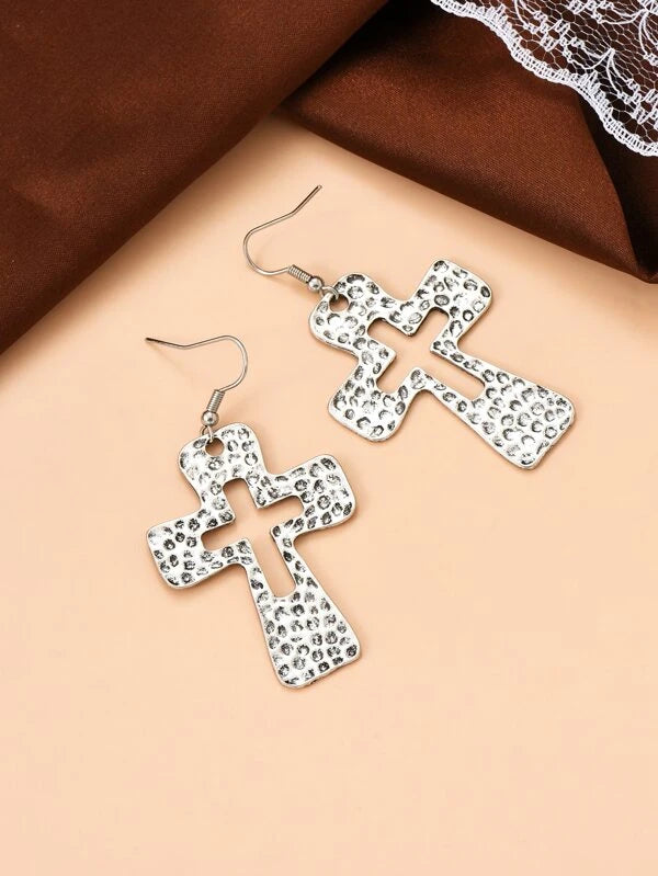 Silver Textured Cross Earrings