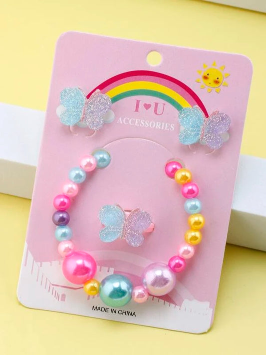 Blue & Purple Glitter Butterfly Bracelet, Earrings, & Ring Set