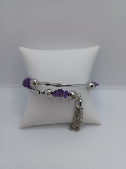 Silver Coil Style Bracelet w/ Purple Stone Accents