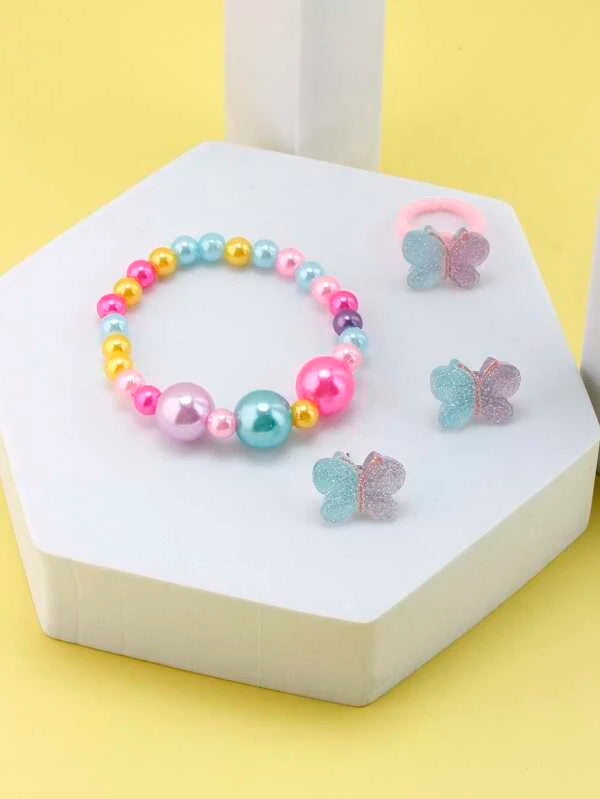 Blue & Purple Glitter Butterfly Bracelet, Earrings, & Ring Set