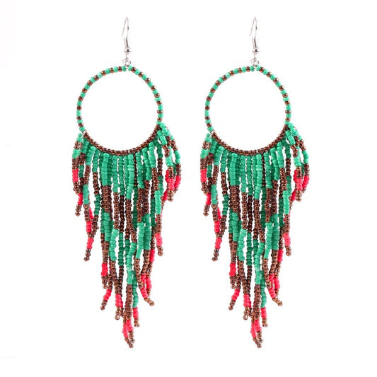 Teal, Copper, & Red Seabead Drop Earrings