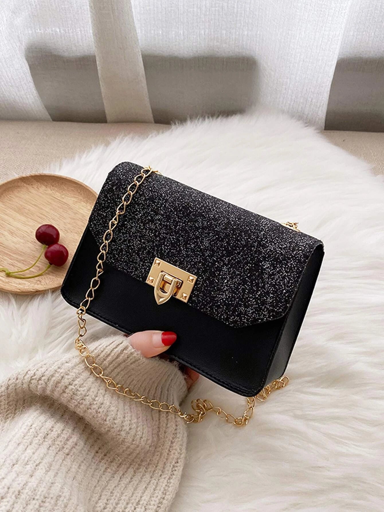 Black Purse w/ Glittered Top & Gold Purse Strap Detail