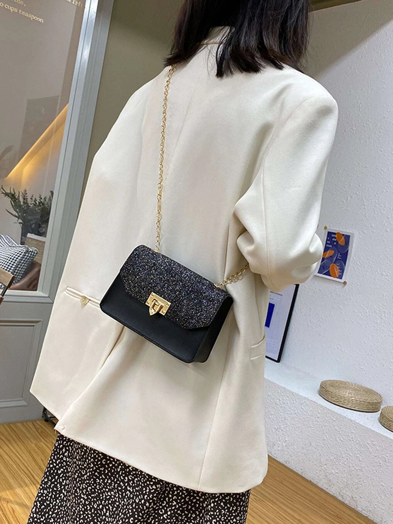 Black Purse w/ Glittered Top & Gold Purse Strap Detail