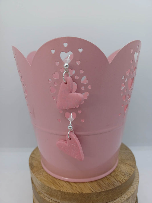 Baby Pink w/ Glitter Clay Heart Earrings on a Silver Setting