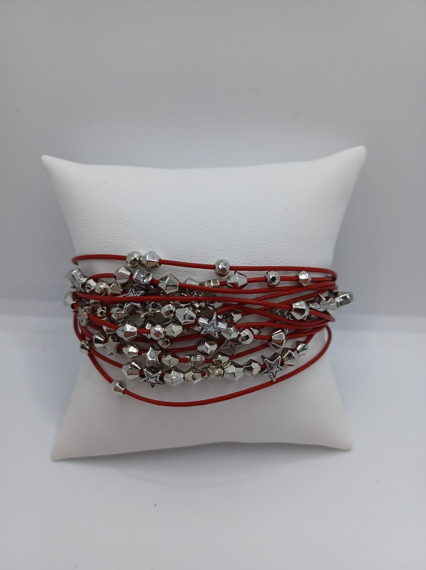 Red Leather Style Magnetic Bracelet w/ Silver Star Charms