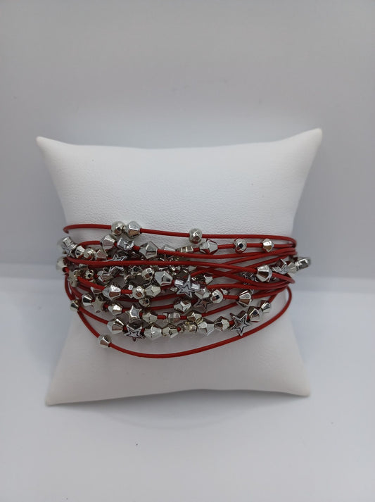 Red Leather Style Magnetic Bracelet w/ Silver Star Charms