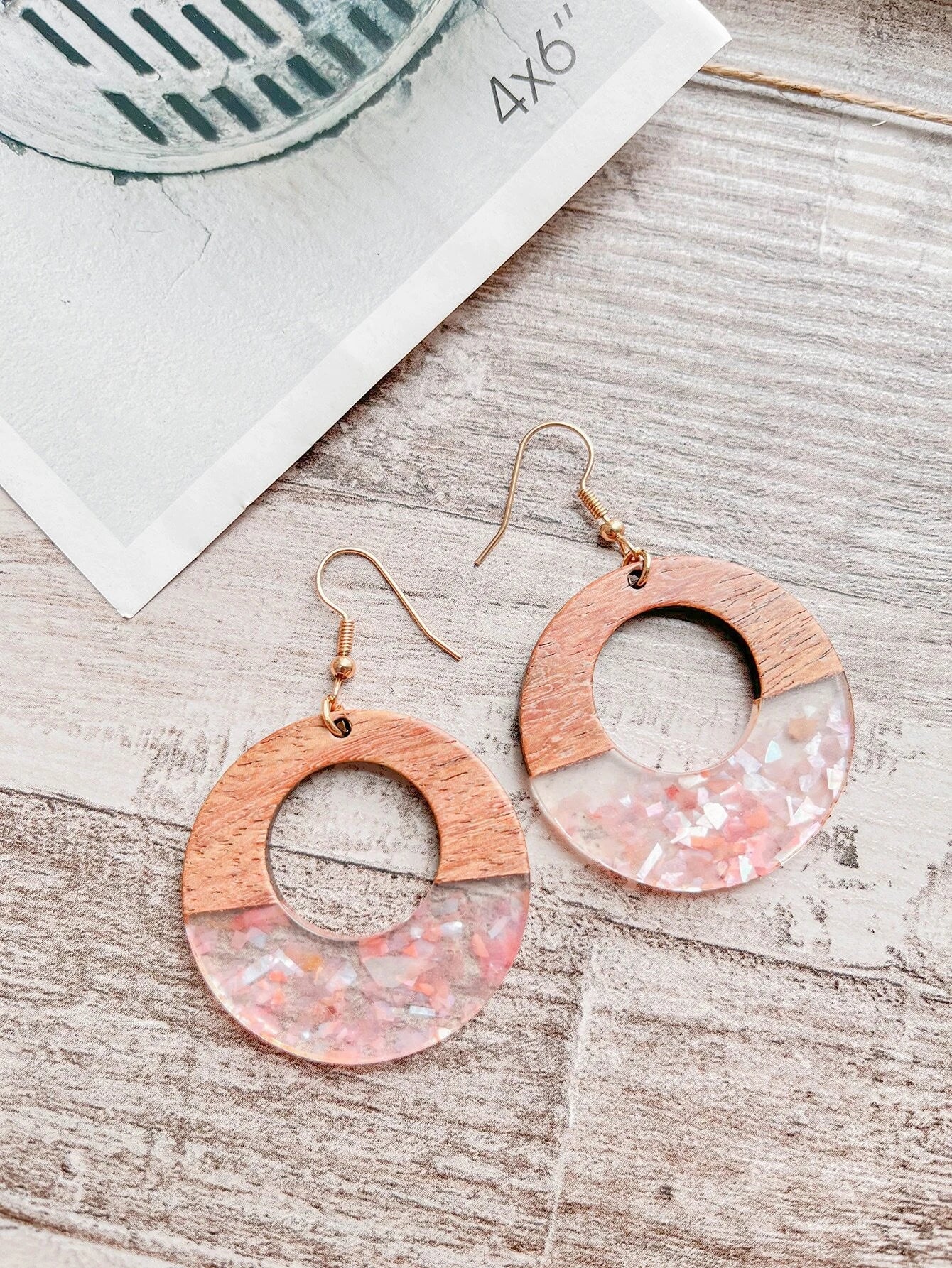 Pink Speckled w/ Wood Earrings