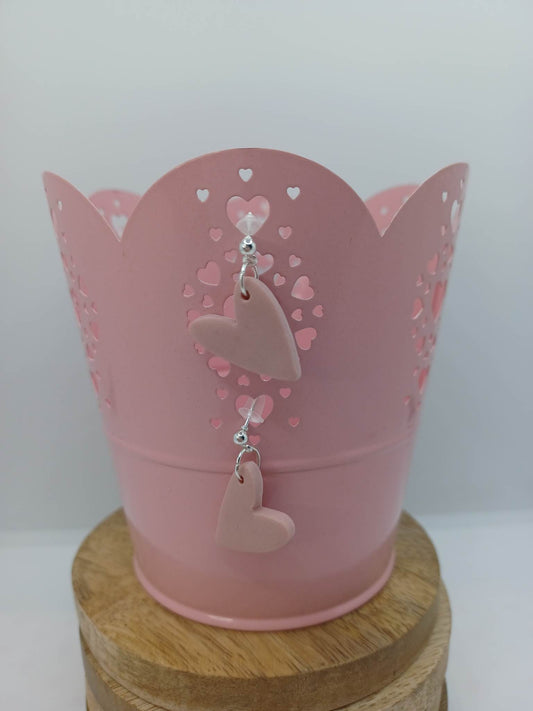 Ash Pink Clay Heart Earrings on a Silver Setting