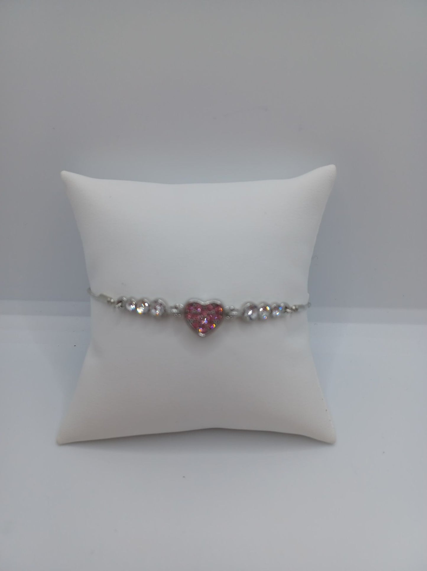 Silver Bracelet w/ Pink Heart & Rhinestone Accents