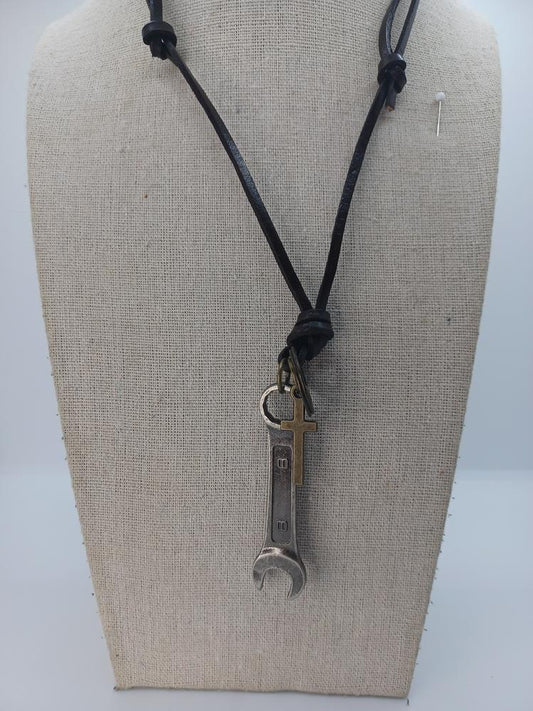 Leather Style Adjustable Necklace w/ Wrench Pendant