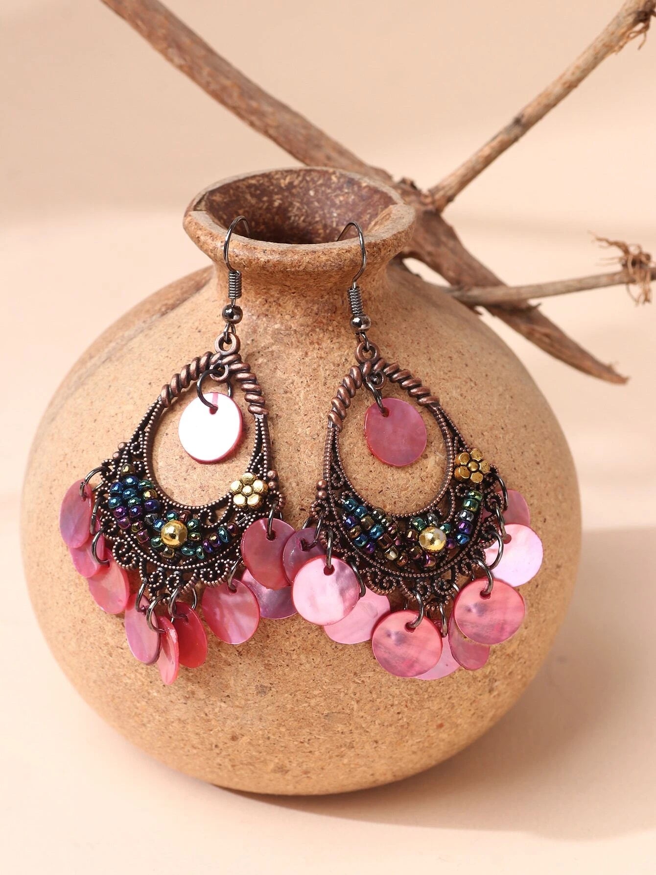 Pink Mermaid Shell Earrings w/ Oil Spill Beading