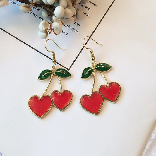 Hot Pink Heart Cherry Style Earrings