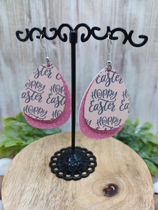 Pink Hoppy Easter Double Layered Leather Style Earrings