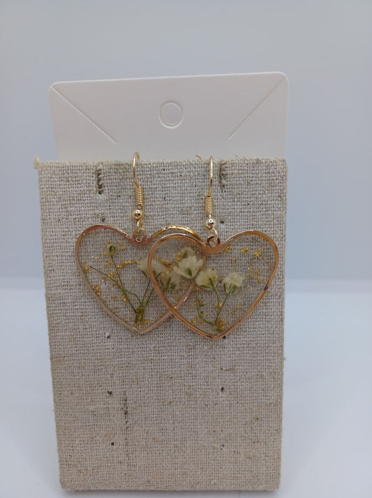 White Pressed Flower Heart Earrings
