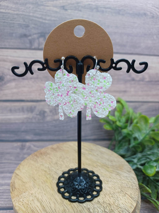 White Glitter w/ Purple & Green Accents Mini Shamrock Shaped Earrings